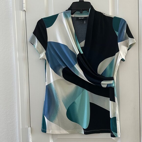 DKNY Womens Abstract Print Short Sleeve Wrap Top M - Picture 1 of 5